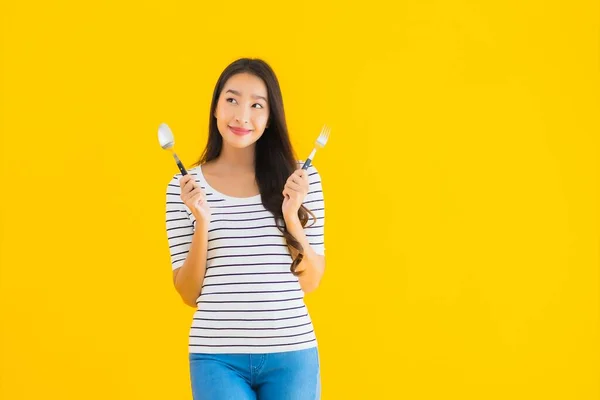 Portrait Beautiful Young Asian Woman Show Spoon Fork Ready Eat — Stock Photo, Image