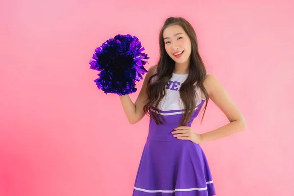 Portrait Beautiful Young Asian Woman Cheerleader Smile Happy Isolated Pink — Stock Photo, Image