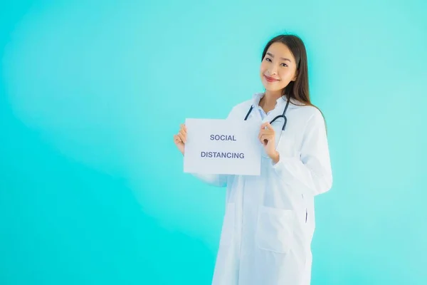 Portrait Beautiful Young Asian Doctor Woman Sign Paper Social Distancing — Stock Photo, Image