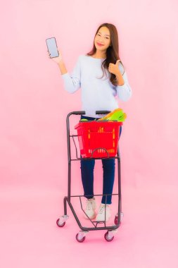 Portrait beautiful young asian woman with fruit vegetable and grocery in basket on pink isolated background
