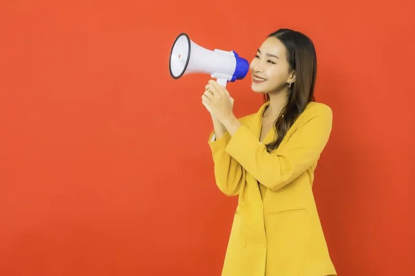 Portrait Beautiful Young Business Asian Woman Megaphone Communication Red Background — Stock Photo, Image
