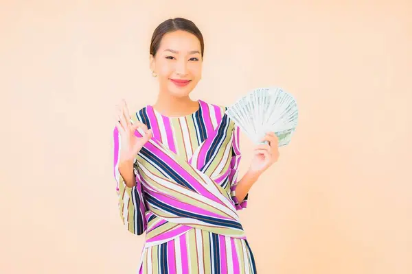 Portrait Beautiful Young Asian Woman Cash Money Mobile Smart Phone — Stock Photo, Image