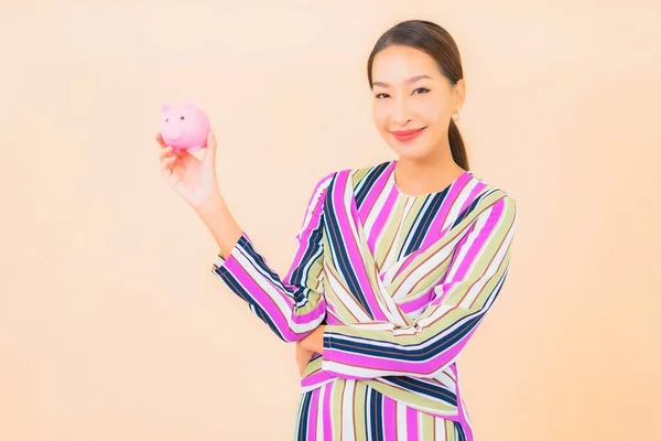 Portrait Beautiful Young Asian Woman Pink Piggy Bank Color Isolated — Stock Photo, Image