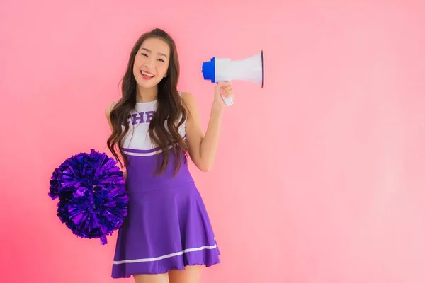 Portrait Beautiful Young Asian Woman Cheerleader Smile Happy Megaphone Isolated — Stock Photo, Image