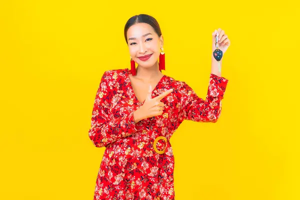 Portrait Beautiful Young Asian Woman Car Key Yellow Background — Stock Photo, Image