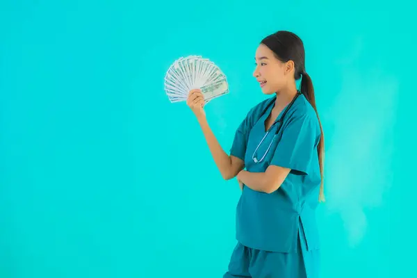 Portrait Beautiful Young Asian Doctor Woman Show Money Cash Blue — Stock Photo, Image