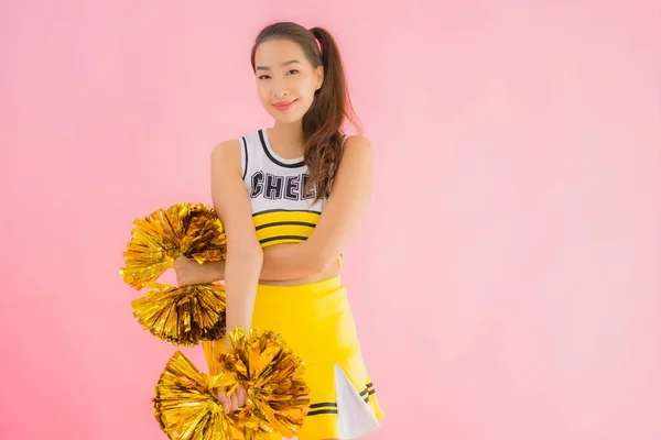 Portrait Beautiful Young Asian Woman Cheerleader Pink Isolated Background — Stock Photo, Image