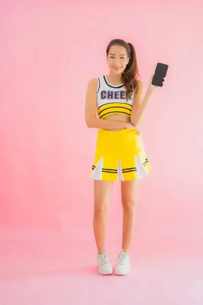 Portrait Beautiful Young Asian Woman Cheerleader Smart Mobile Phone Pink — Stock Photo, Image