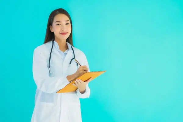 Πορτρέτο Όμορφη Νεαρή Ασιάτισσα Γιατρός Γυναίκα Άδειο Banner Κάρτα Μπλε Φωτογραφία Αρχείου