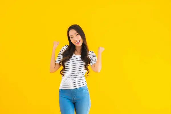 Portrait Beautiful Young Asian Woman Smile Happy Action Yellow Isolated Stock Photo