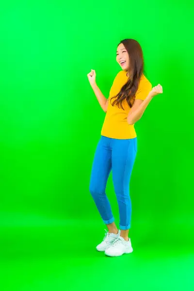 Portrait Beautiful Young Asian Woman Smile Action Green Isolated Background Royalty Free Stock Images