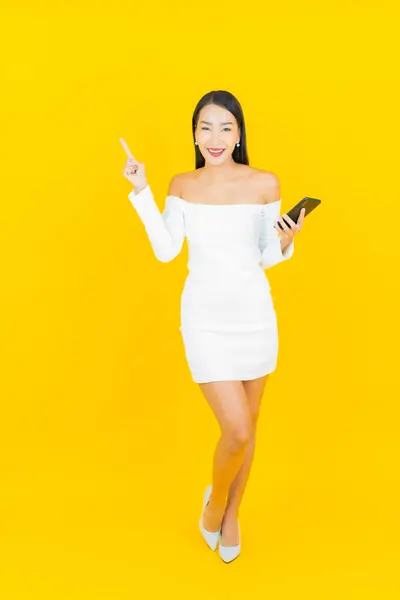 Portrait Beautiful Young Business Asian Woman Smart Mobile Phone Yellow Royalty Free Stock Images
