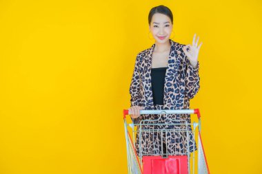 Renkli arka planda süpermarketten alınmış market sepetiyle gülümseyen güzel Asyalı kadın portresi.