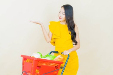 Renkli arka planda süpermarketten alınmış market sepetiyle gülümseyen güzel Asyalı kadın portresi.