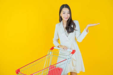 Renkli arka planda süpermarketten alınmış market sepetiyle gülümseyen güzel Asyalı kadın portresi.