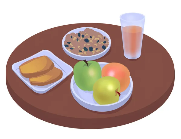 Okrągły Stół Serwowany Śniadaniem Owocami Owsianką Toastami Sokiem — Zdjęcie stockowe