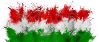 Beyaz arka planda izole edilmiş beyaz yeşil renkli Holi boya tozu patlaması olan renkli Hungary bayrağı. Macaristan ulusal Avrupa seyahati ve turizm konsepti.