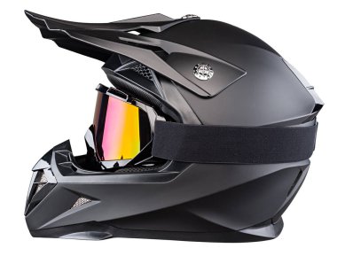 Siyah modern motokros ya da Dayanıklı Yokuş aşağı tam yüz miğferi Güvenli gözlüklü beyaz arka planda izole edilmiş.