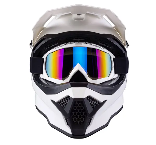 stock image White black modern motocross or enduro downhill crash full face helmet with saftey goggles isolated background.  