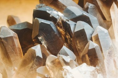 A close-up macro shot of a cluster of smokey quartz stones