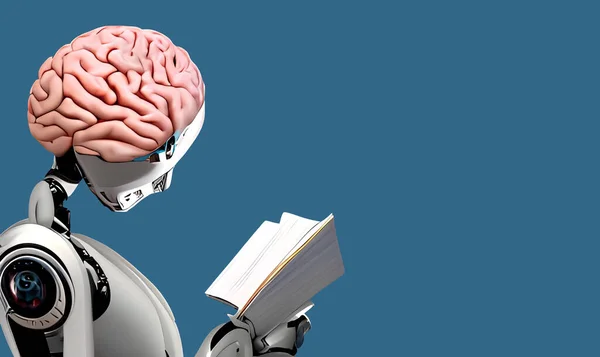 Illustration Humanoid Cybernetic Robot Big Organic Human Brain Implant Reading — Stock Photo, Image