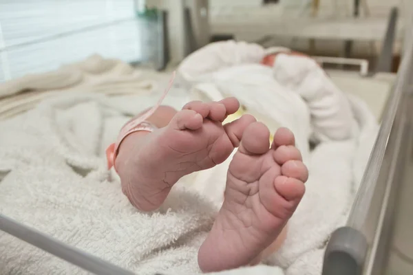 stock image Closeup shot of tiny pair of feet and toes of newborn baby wrapped in a blanket wearing a plastic identity tag bracelet in the delivery room in hospital - concept of new life and motherhood