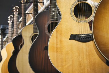 A collection of Taylor brand acoustic guitars hanging in a row clipart