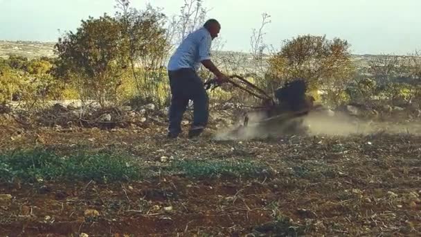 ガソリン手持ちの手動プローブマシンツールを使用してフィールドを耕す単一の男性農家 — ストック動画