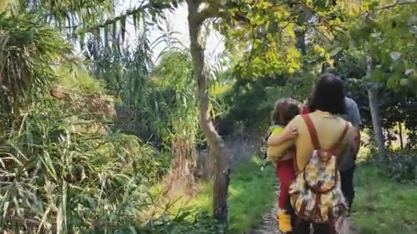 Une Famille Marchant Travers Sentier Forestier Tiré Par Derrière — Video