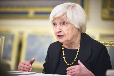 Kyiv, Ukraine - Feb 27 2023: Close-up portrait shot of US Treasury Secretary Janet Yellen sitting at a table in a meeting clipart