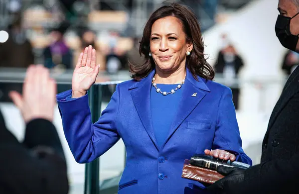 stock image Washington D.C., USA - Jan 20 2021: U.S. Vice President Kamala Harris takes the Oath of Office, being sworn in