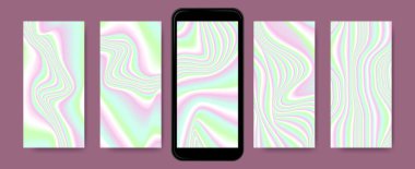 Çoklu Renkli Sanal Duvar Kağıdı. Mobil için Soyut Gradyan Şablonları. Neon Sıvı Dokular. Holografi ekran koruyucuları. Vektör Dalga Arkaplanı. Parlak Canlı Sıvılar. Ağ Hologramı Ayarlandı.