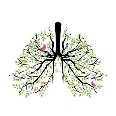 Human lungs full of birds nest and green leaves watercolor clipart