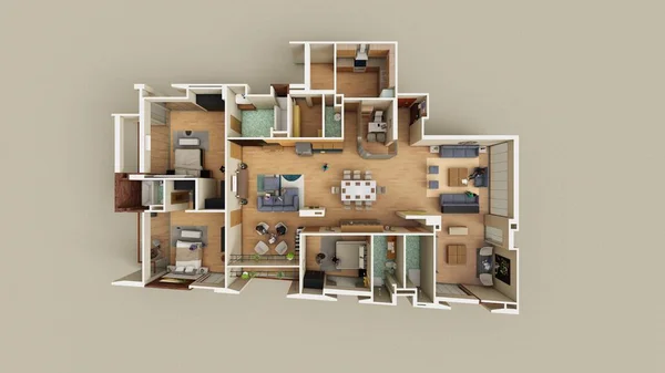 Apartamento Dormitorios Planta Baja Típica Renderizado Vista Superior —  Fotos de Stock