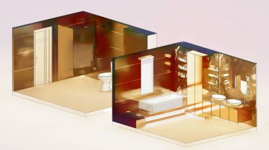 Koyu temalı izometrik suluboya tuvalet mermer ve altın aksanlı izometrik