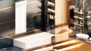 Koyu temalı tuvalet içi mermer ve altın aksanlı perspektif manzaralı