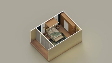 Dolap TV ve teras izometrik 3d ile çağdaş tarz yatak odası