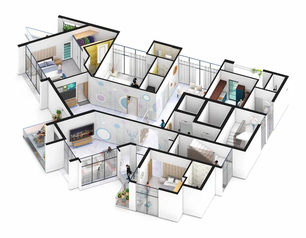 Three bedroom family apartment 3d isometric typical floor plan