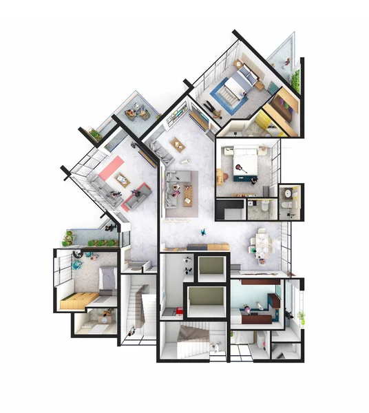 Three bedroom family apartment axonometric typical floor plan 3d