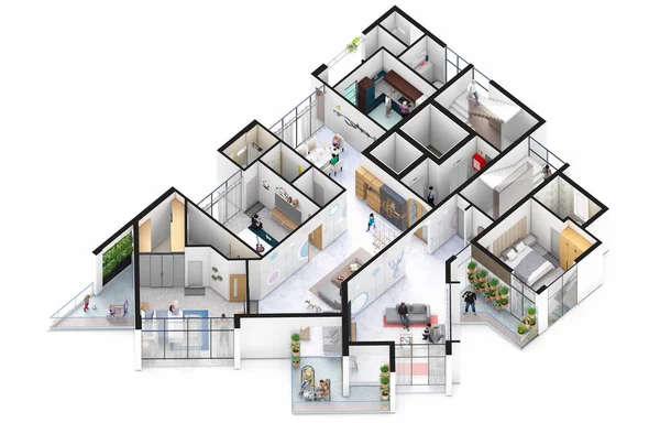 Three bedroom furnished interior isometric floor plan