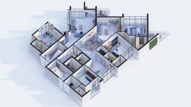 Animado Apartamento Familiar Três Quartos Plano Piso Isométrico — Vídeo de Stock