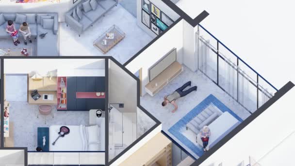 动画三间卧室家庭公寓等距平面图 — 图库视频影像