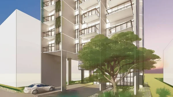 Architectural visualization of a tall building with landscape watercolor sketch effect