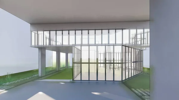 Architectural visualization of an office building with landscape watercolor sketch effect