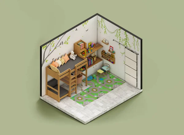 Zabawne Aksonometryczne Wnętrze Dziecięcej Sypialni Zabawkami Renderowania — Zdjęcie stockowe
