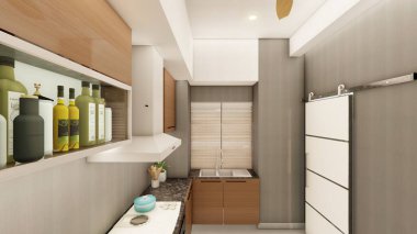 Mutfak perspektifi dolapların kapatılmasını gösteriyor