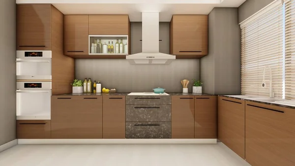 Kitchen perspective in shades of brown white and grey