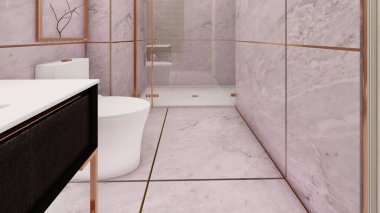 Leylak rengi altın rengi banyo iç tasarımı 3D