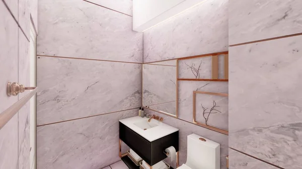 Mauve Subiu Banheiro Ouro Design Interiores Perspectiva Renderização — Fotografia de Stock