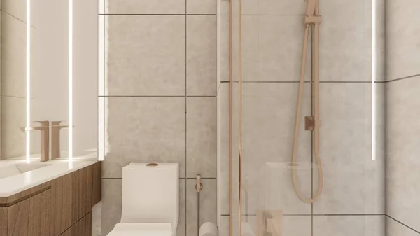 Bege Creme Banheiro Design Interiores Visualização — Fotografia de Stock